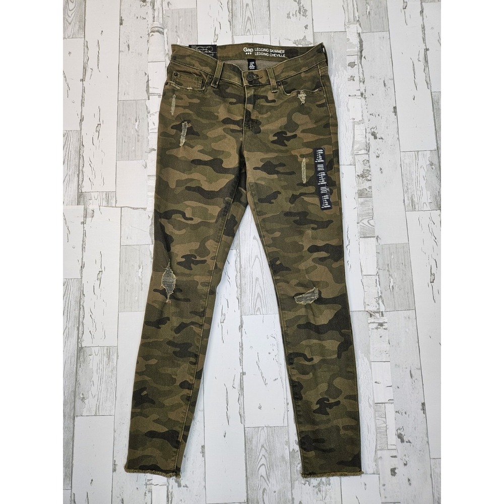 Gap Womens Camo Legging Skimmer Jeans Mid Rise Distressed Raw Hem 0/25R Green